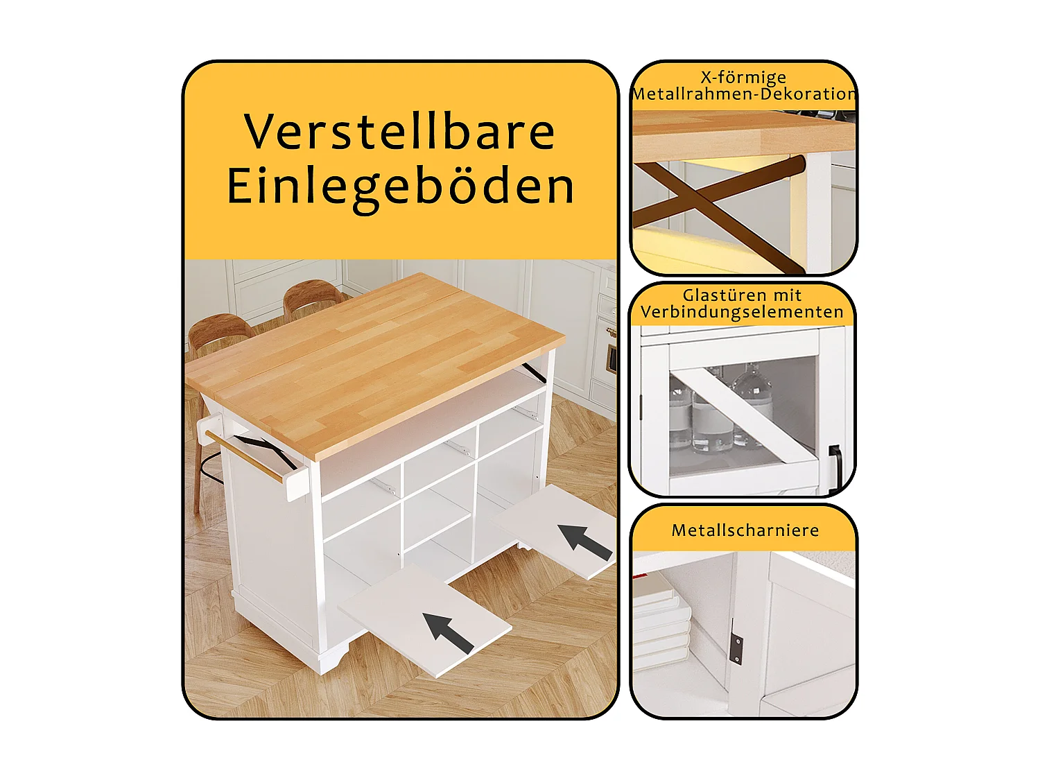 Îlot central mobile avec table pliante - 120 x 43/71 cm x 98 cm - avec Leds + 2 portes + 3 tiroirs + étagère - MDF - blanc