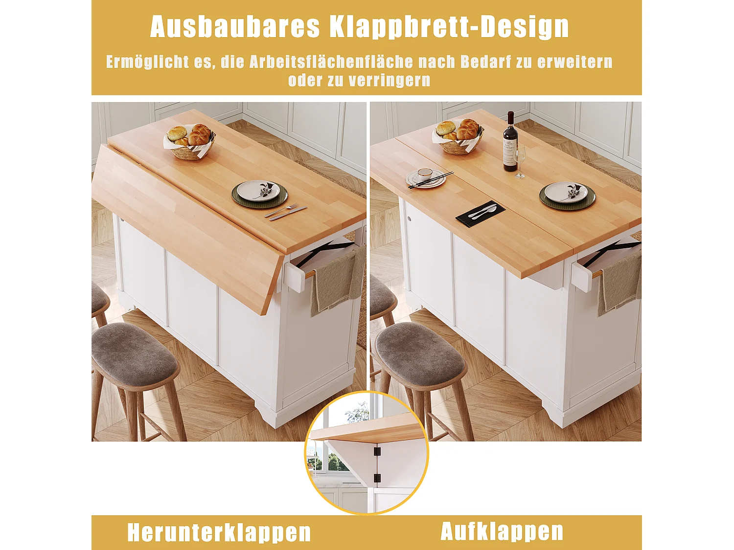 Îlot central mobile avec table pliante - 120 x 43/71 cm x 98 cm - avec Leds + 2 portes + 3 tiroirs + étagère - MDF - blanc