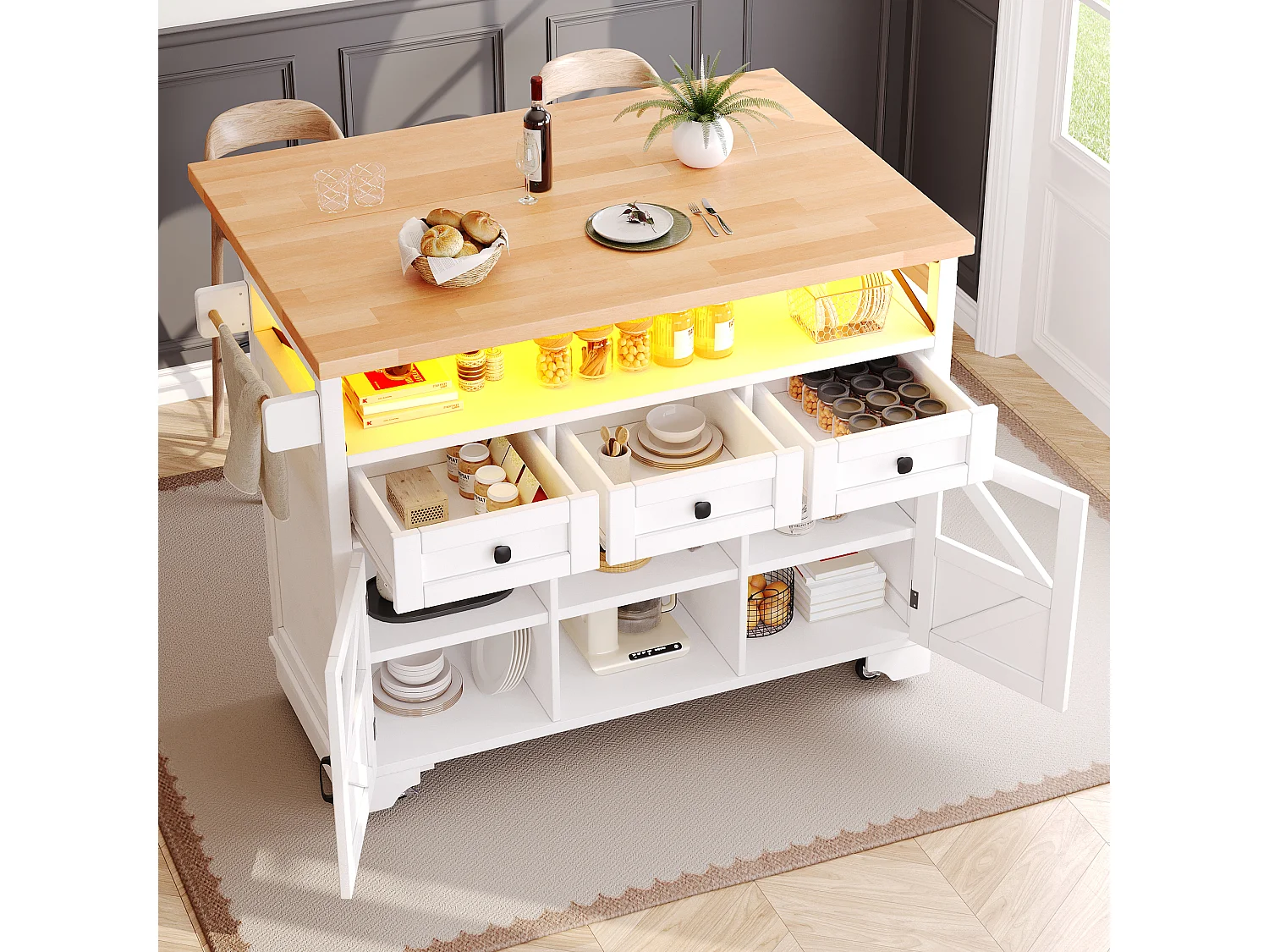 Mobil köksö med fällbord - 120 x 43/71 cm x 98 cm - med LED-lampor + 2 dörrar + 3 lådor + hyllplan - MDF - vit