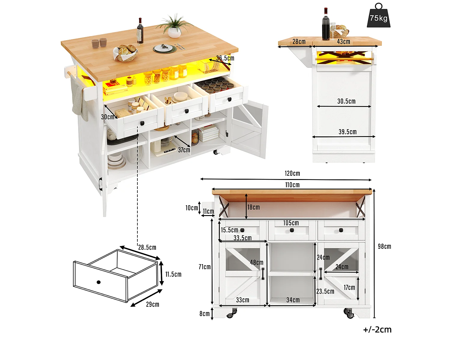 Mobil köksö med fällbord - 120 x 43/71 cm x 98 cm - med LED-lampor + 2 dörrar + 3 lådor + hyllplan - MDF - vit