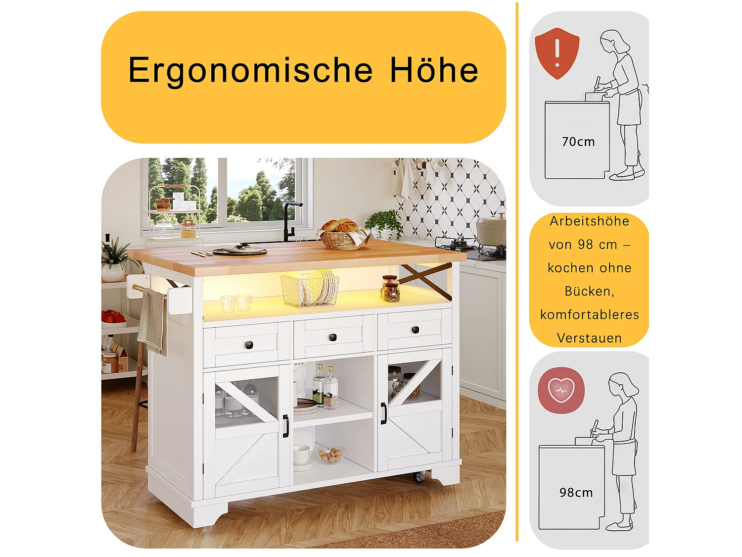 Mobil köksö med fällbord - 120 x 43/71 cm x 98 cm - med LED-lampor + 2 dörrar + 3 lådor + hyllplan - MDF - vit