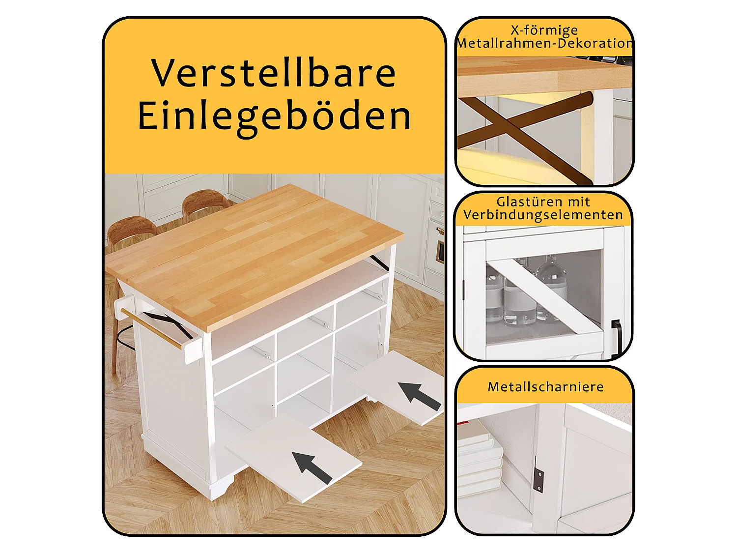 Mobil köksö med fällbord - 120 x 43/71 cm x 98 cm - med LED-lampor + 2 dörrar + 3 lådor + hyllplan - MDF - vit