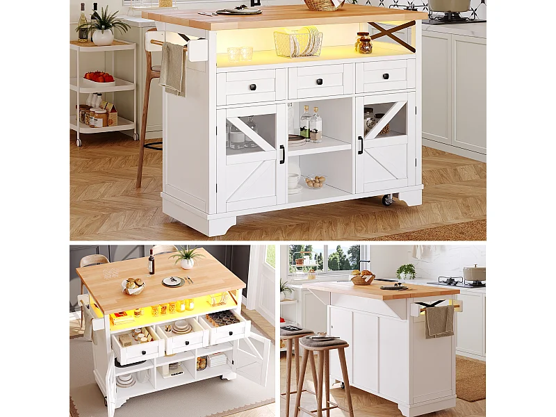 Îlot central mobile avec table pliante - 120 x 43/71 cm x 98 cm - avec Leds + 2 portes + 3 tiroirs + étagère - MDF - blanc