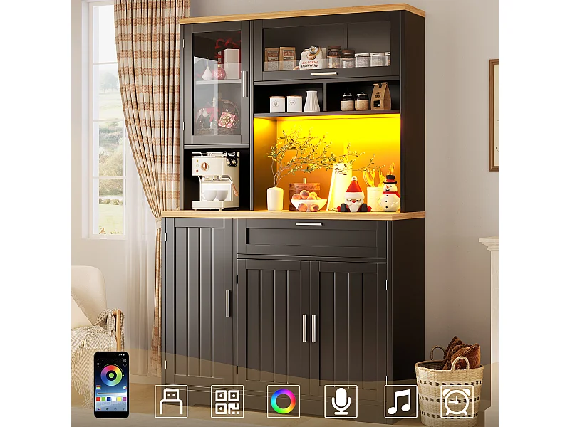 Buffet haute de cuisine - 104 x 40 x 180 cm - avec Leds + 4 portes + 1 tiroir + étagère - MDF + métal - noir