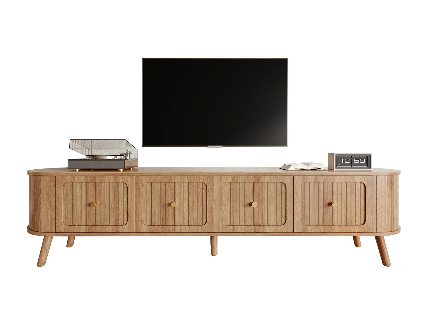 Moderner TV-Ständer – 180 x 38 x 47 cm – mit 4 Türen und Holzbeinen – einzigartiges Design – MDF + Spanplatte – natur
