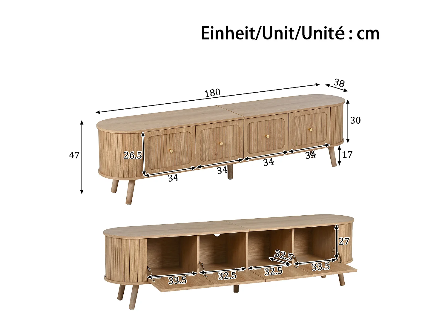 Moderner TV-Ständer – 180 x 38 x 47 cm – mit 4 Türen und Holzbeinen – einzigartiges Design – MDF + Spanplatte – natur