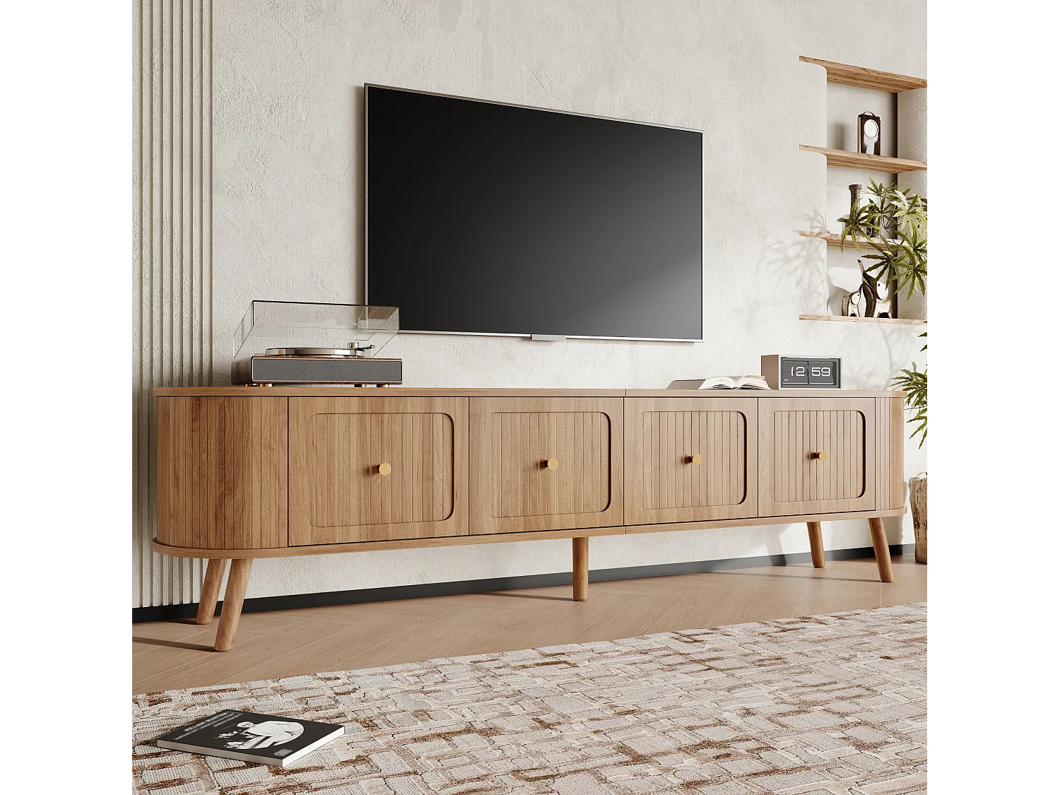 Moderner TV-Ständer – 180 x 38 x 47 cm – mit 4 Türen und Holzbeinen – einzigartiges Design – MDF + Spanplatte – natur