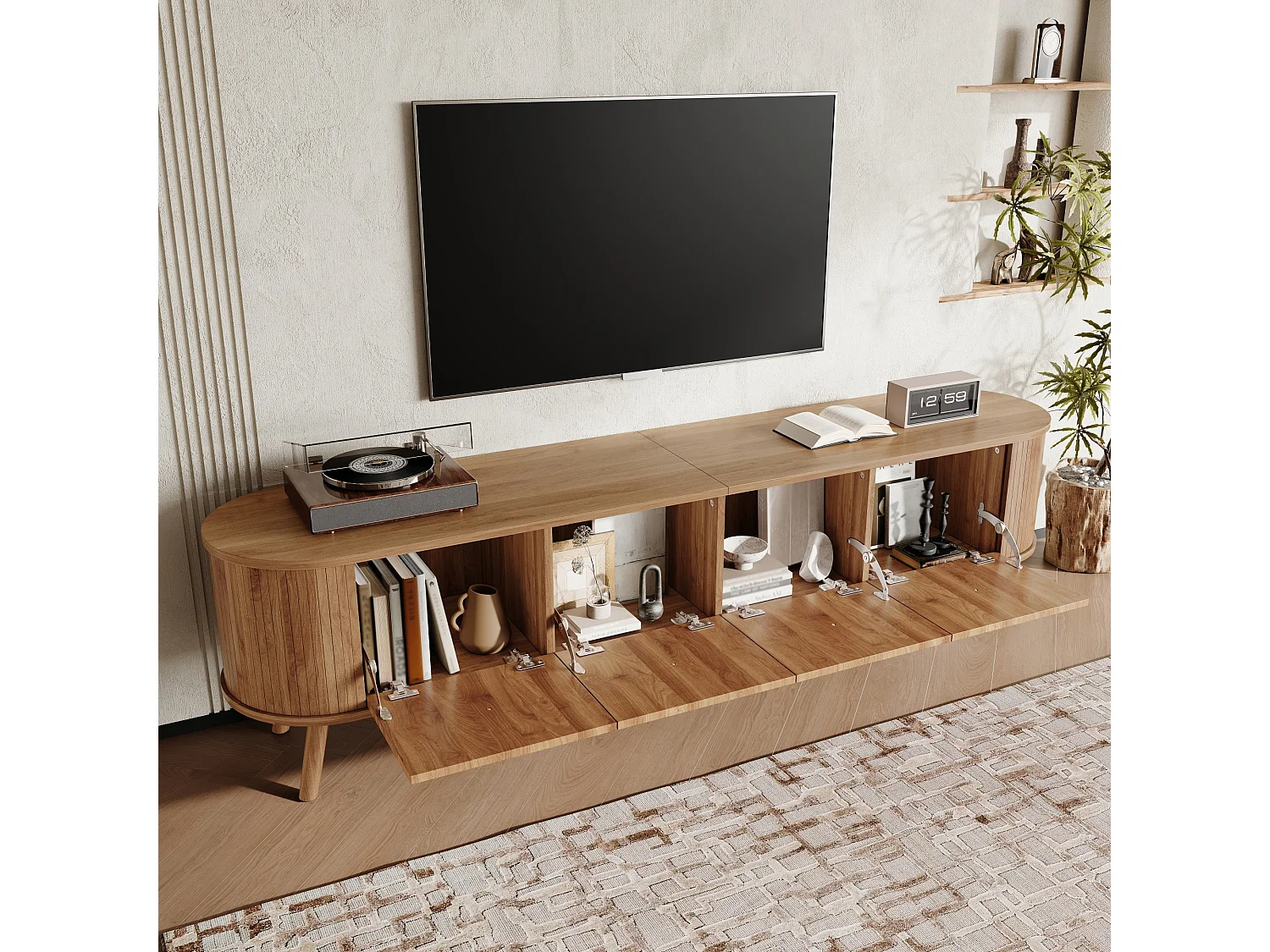 Moderner TV-Ständer – 180 x 38 x 47 cm – mit 4 Türen und Holzbeinen – einzigartiges Design – MDF + Spanplatte – natur