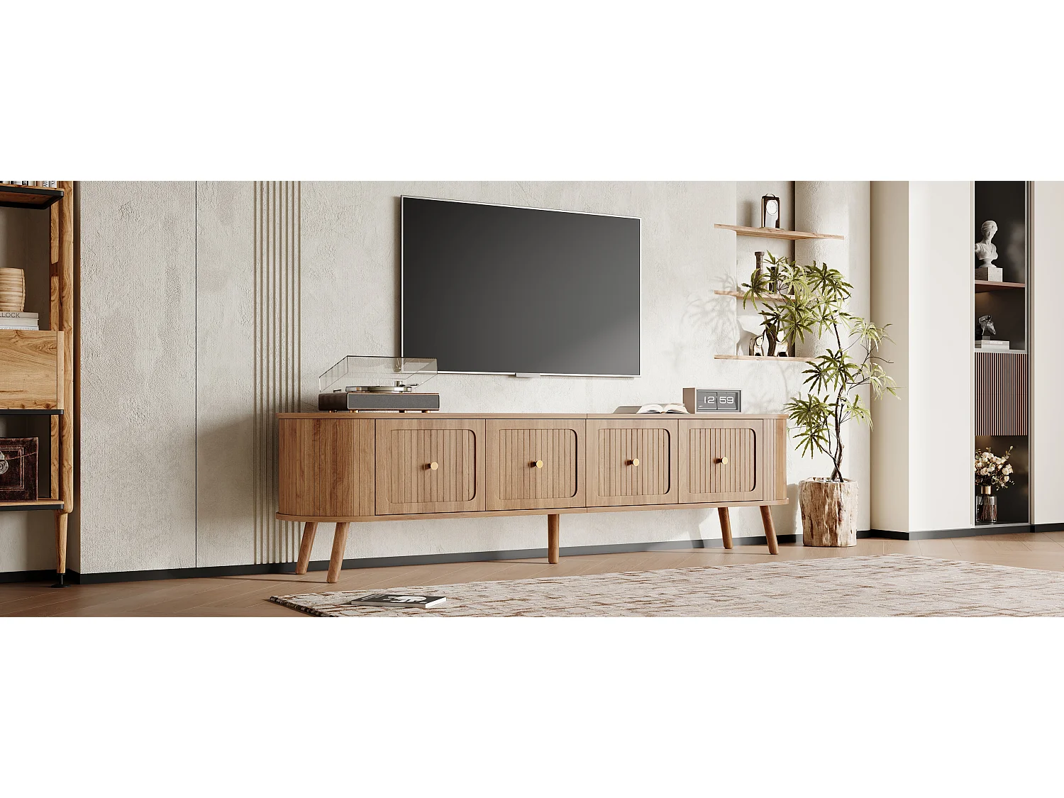Moderner TV-Ständer – 180 x 38 x 47 cm – mit 4 Türen und Holzbeinen – einzigartiges Design – MDF + Spanplatte – natur