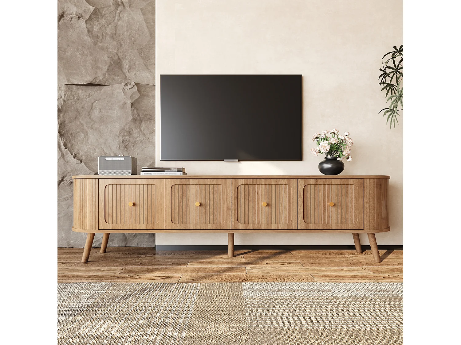 Moderner TV-Ständer – 180 x 38 x 47 cm – mit 4 Türen und Holzbeinen – einzigartiges Design – MDF + Spanplatte – natur