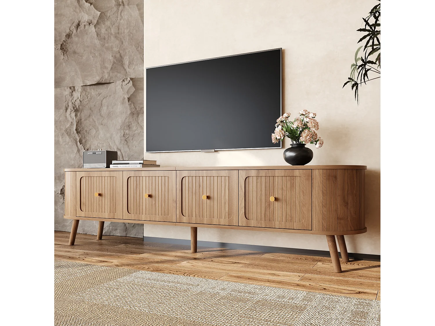 Moderner TV-Ständer – 180 x 38 x 47 cm – mit 4 Türen und Holzbeinen – einzigartiges Design – MDF + Spanplatte – natur