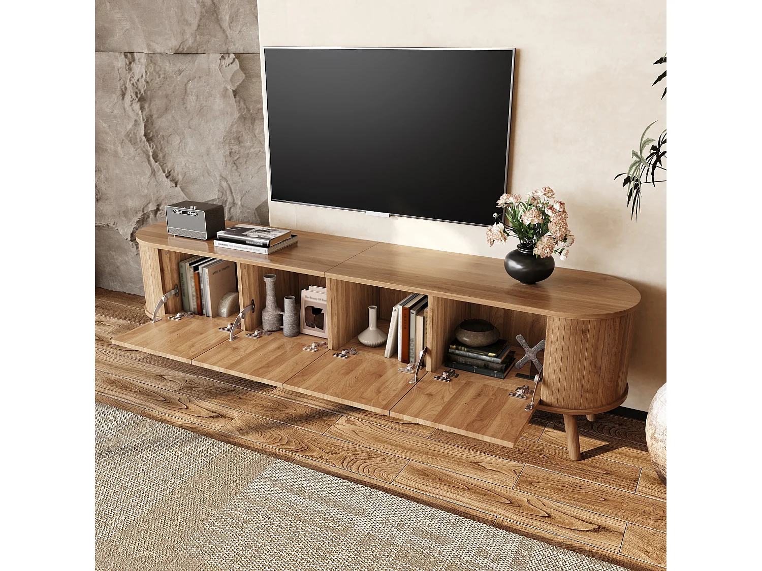 Moderner TV-Ständer – 180 x 38 x 47 cm – mit 4 Türen und Holzbeinen – einzigartiges Design – MDF + Spanplatte – natur