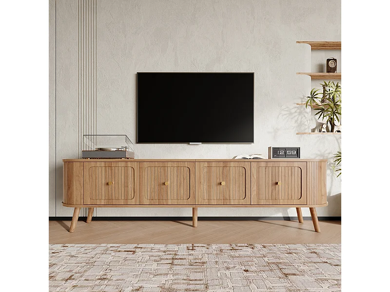 Moderner TV-Ständer – 180 x 38 x 47 cm – mit 4 Türen und Holzbeinen – einzigartiges Design – MDF + Spanplatte – natur