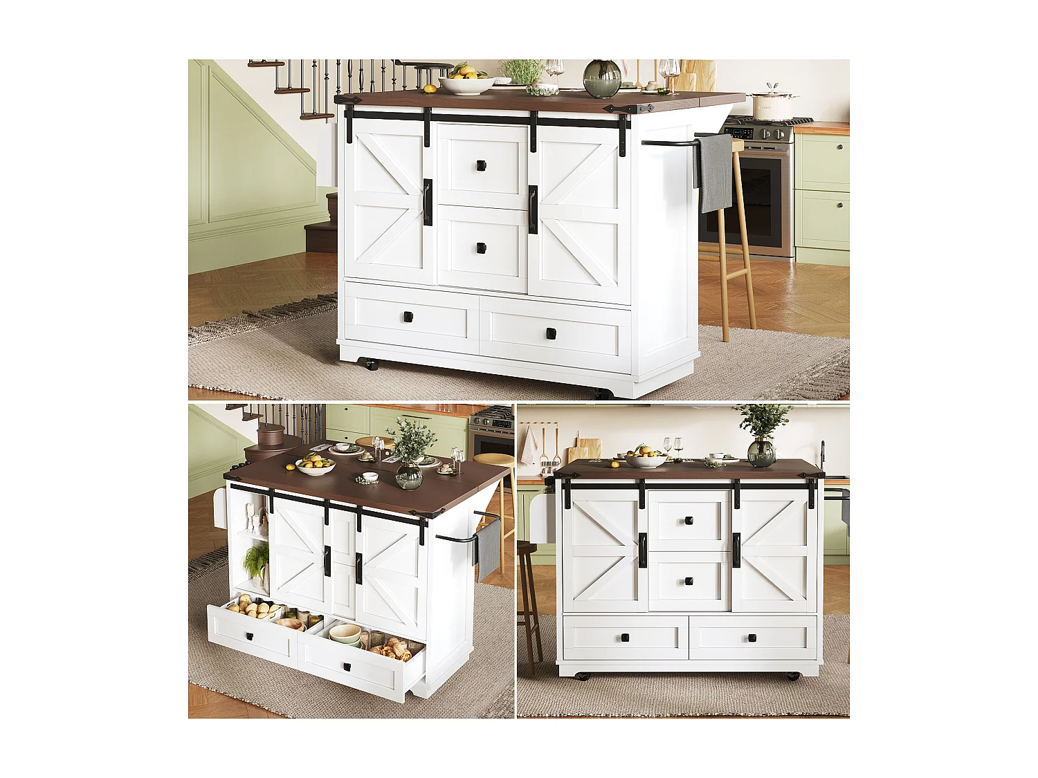 Îlot central mobile avec table pliante - 142.5 x 45/73 cm x 92.5 cm - avec 2 portes + 3 tiroirs - MDF - blanc