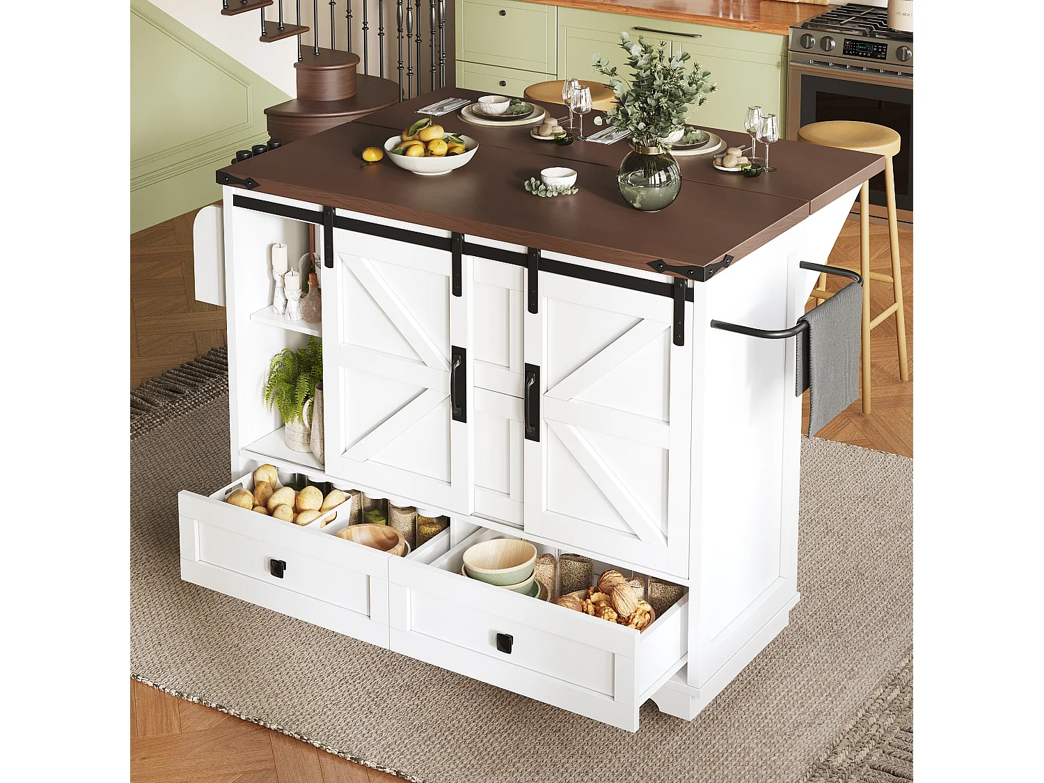Îlot central mobile avec table pliante - 142.5 x 45/73 cm x 92.5 cm - avec 2 portes + 3 tiroirs - MDF - blanc