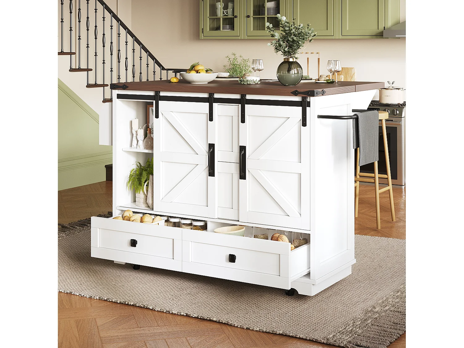 Îlot central mobile avec table pliante - 142.5 x 45/73 cm x 92.5 cm - avec 2 portes + 3 tiroirs - MDF - blanc