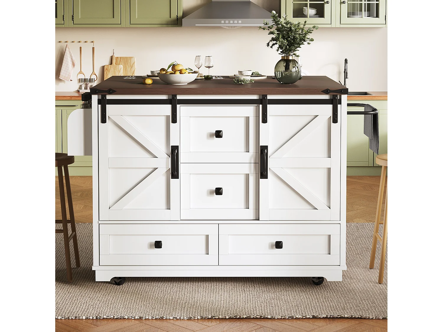 Îlot central mobile avec table pliante - 142.5 x 45/73 cm x 92.5 cm - avec 2 portes + 3 tiroirs - MDF - blanc