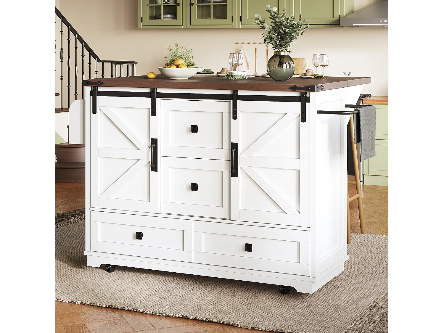 Îlot central mobile avec table pliante - 142.5 x 45/73 cm x 92.5 cm - avec 2 portes + 3 tiroirs - MDF - blanc