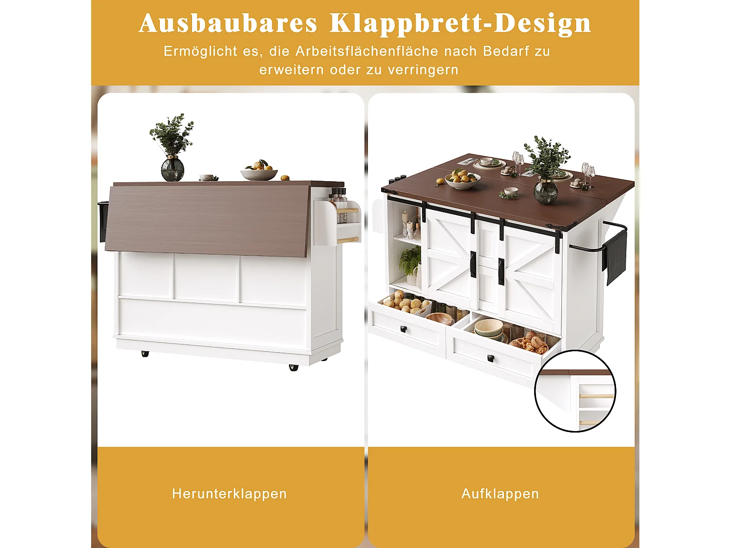 Îlot central mobile avec table pliante - 142.5 x 45/73 cm x 92.5 cm - avec 2 portes + 3 tiroirs - MDF - blanc