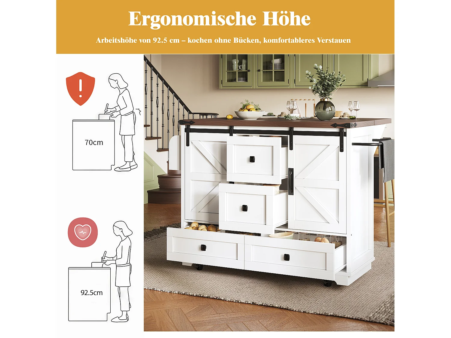 Îlot central mobile avec table pliante - 142.5 x 45/73 cm x 92.5 cm - avec 2 portes + 3 tiroirs - MDF - blanc