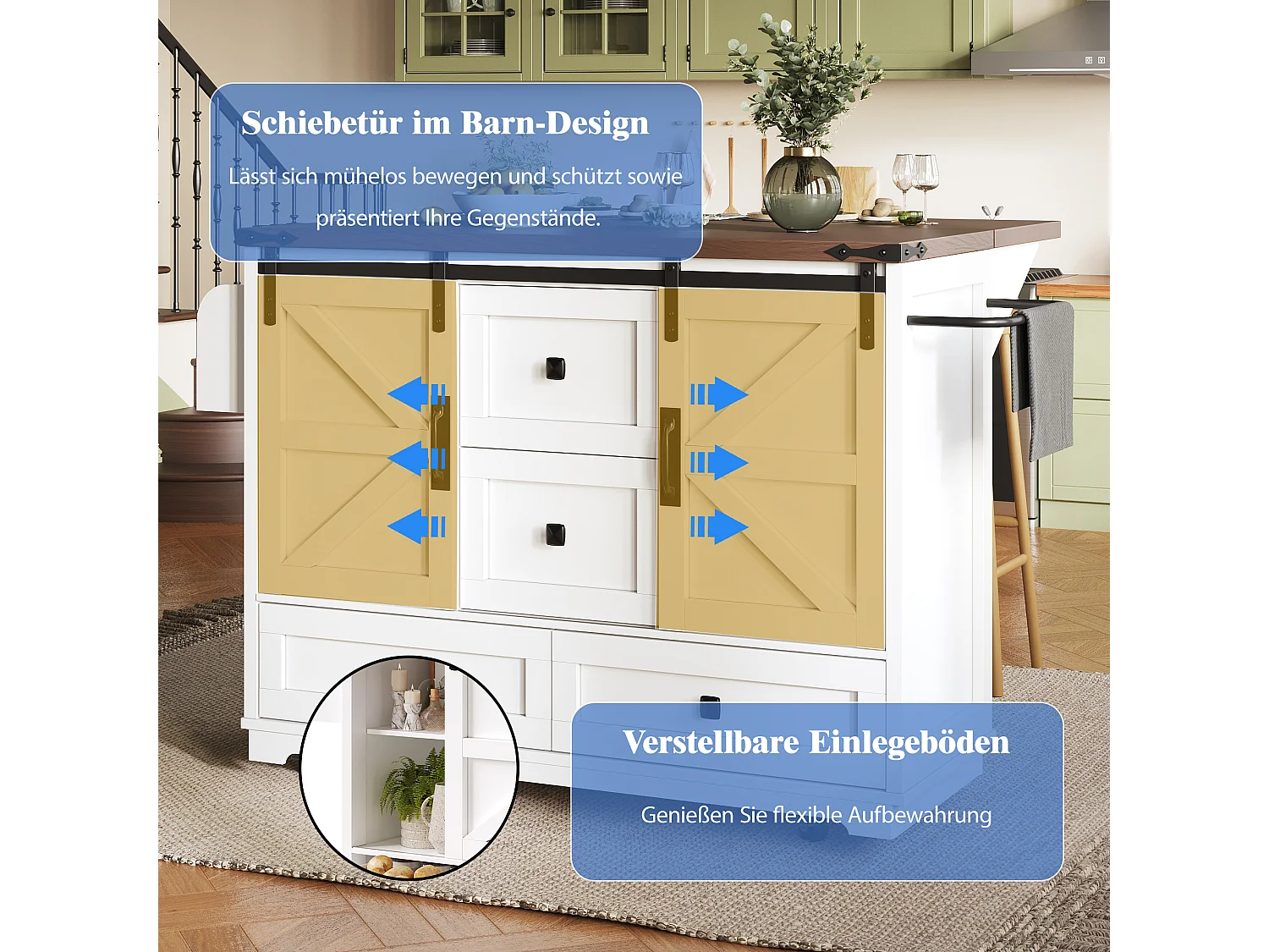 Îlot central mobile avec table pliante - 142.5 x 45/73 cm x 92.5 cm - avec 2 portes + 3 tiroirs - MDF - blanc