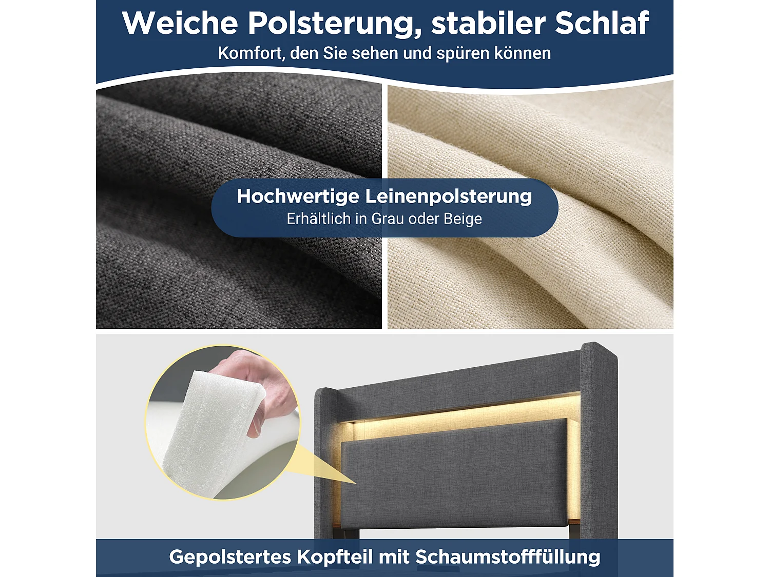 Lit coffre hydraulique capitonné - 90 x 200 cm - avec tête de lit de rangement + Leds + USB + tiroir - lin - gris