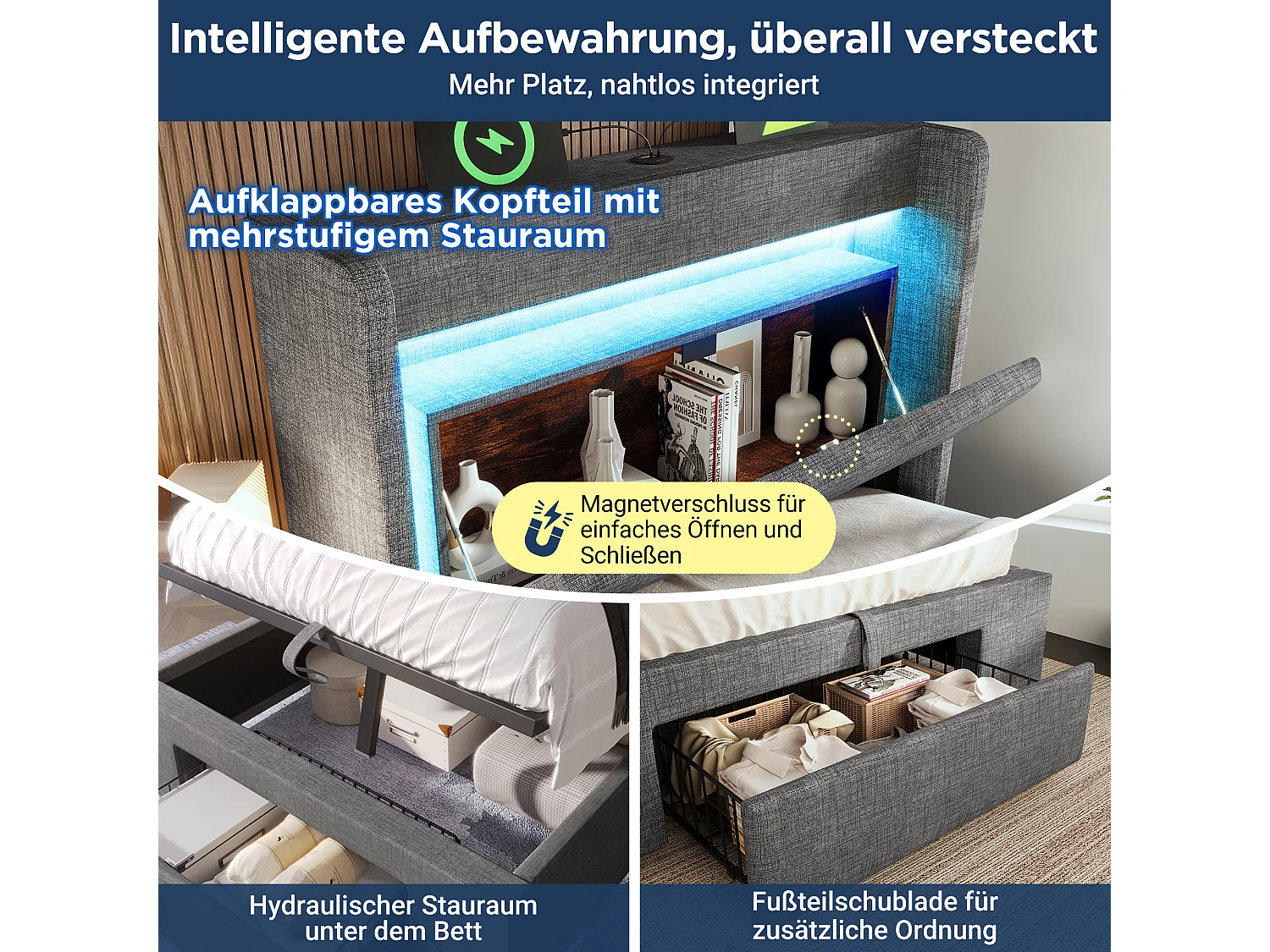 Lit coffre hydraulique capitonné - 90 x 200 cm - avec tête de lit de rangement + Leds + USB + tiroir - lin - gris