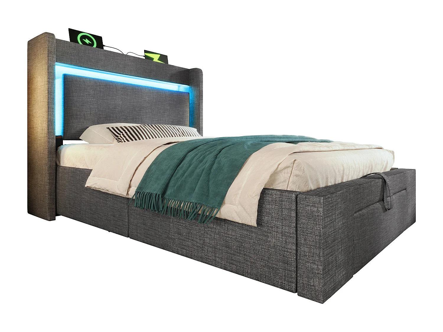 Lit coffre hydraulique capitonné - 90 x 200 cm - avec tête de lit de rangement + Leds + USB + tiroir - lin - gris