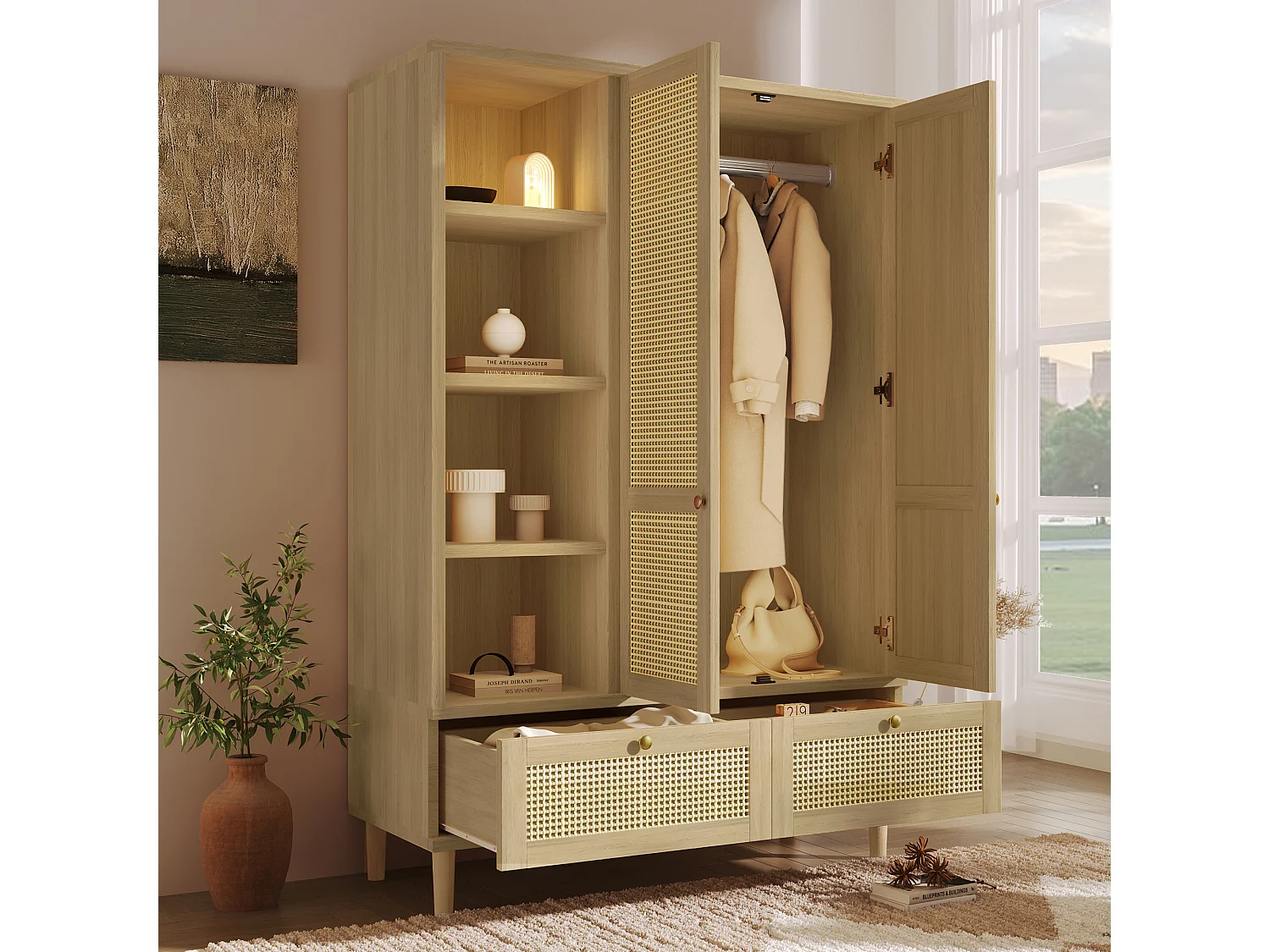 Zweitüriger Kleiderschrank aus Rattan – 120 x 50 x 180 cm – Landhausstil mit Eichenoptik – mit Einlegeböden und 2 Schubladen – Holz – natur