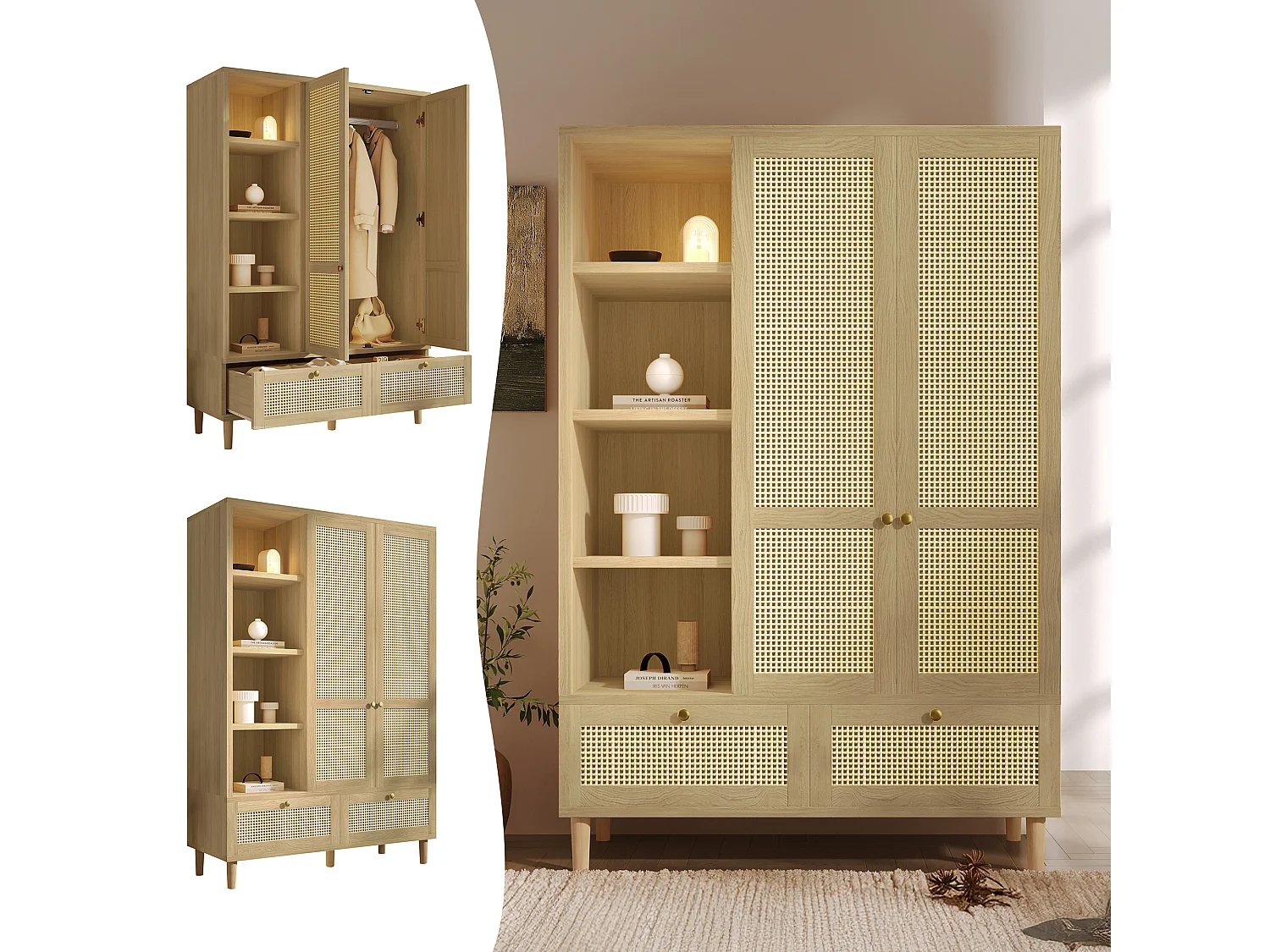 Zweitüriger Kleiderschrank aus Rattan – 120 x 50 x 180 cm – Landhausstil mit Eichenoptik – mit Einlegeböden und 2 Schubladen – Holz – natur