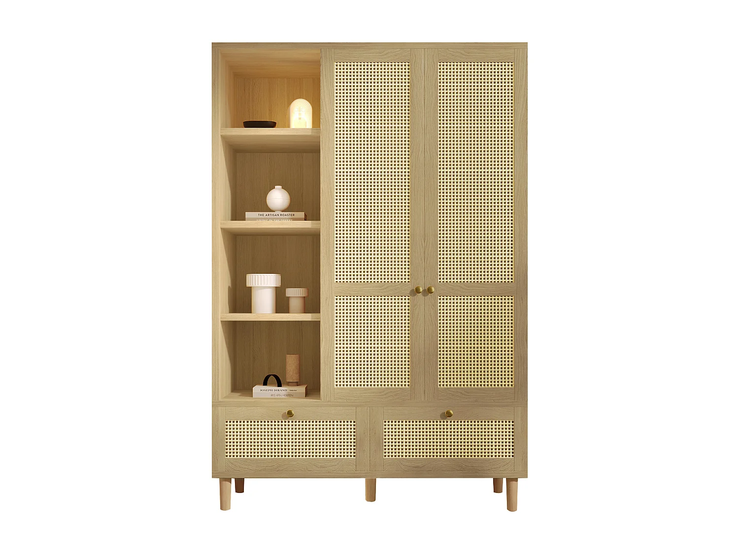 Zweitüriger Kleiderschrank aus Rattan – 120 x 50 x 180 cm – Landhausstil mit Eichenoptik – mit Einlegeböden und 2 Schubladen – Holz – natur