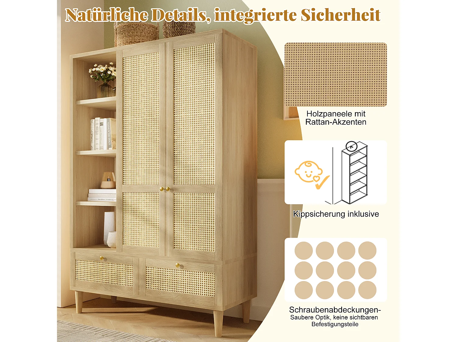 Zweitüriger Kleiderschrank aus Rattan – 120 x 50 x 180 cm – Landhausstil mit Eichenoptik – mit Einlegeböden und 2 Schubladen – Holz – natur