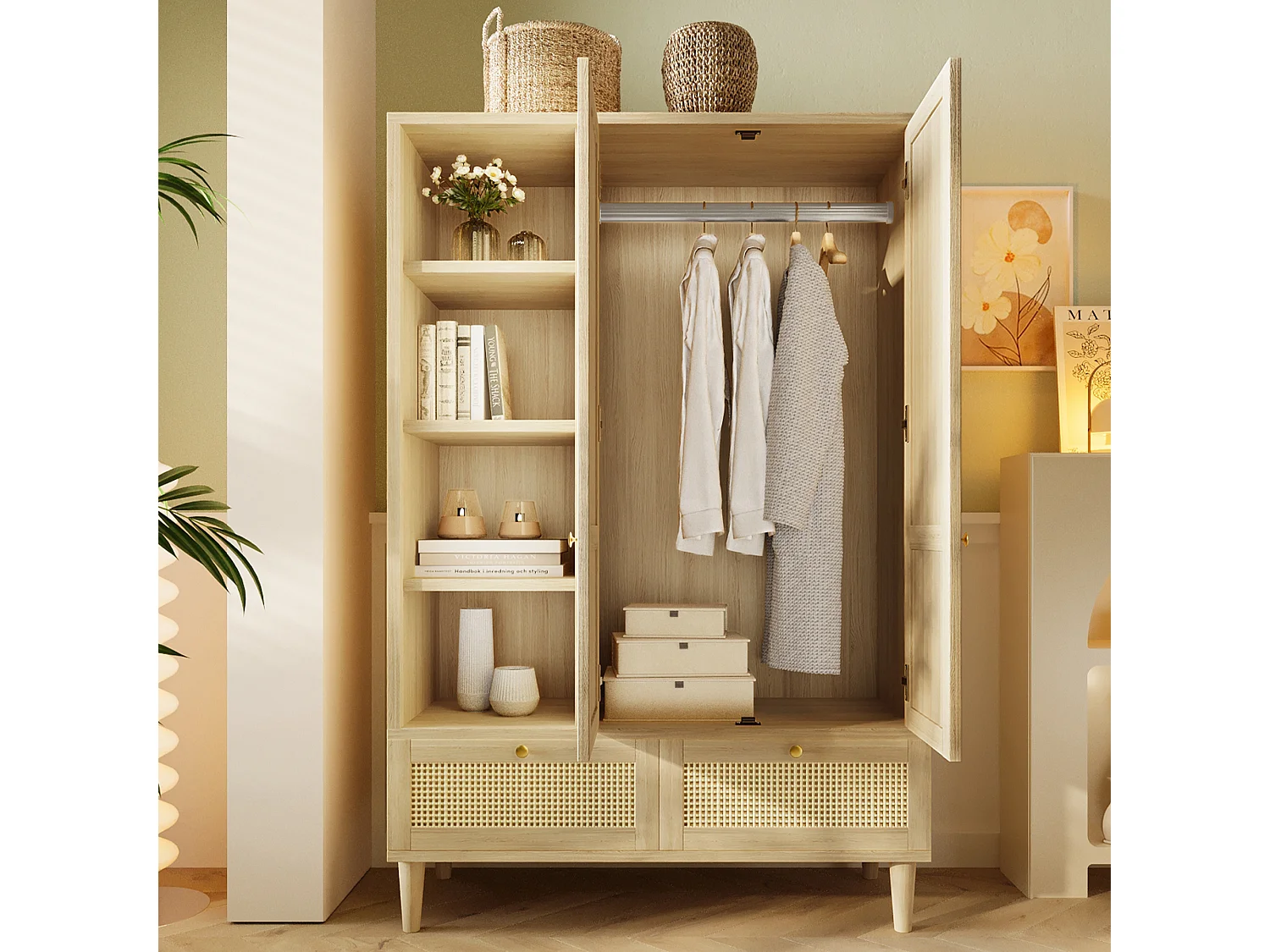 Zweitüriger Kleiderschrank aus Rattan – 120 x 50 x 180 cm – Landhausstil mit Eichenoptik – mit Einlegeböden und 2 Schubladen – Holz – natur