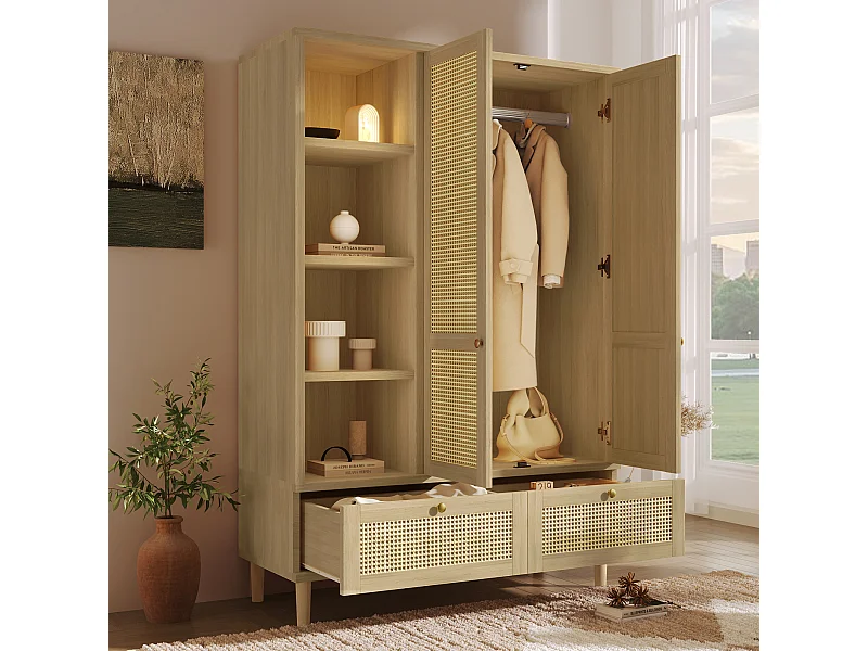 Zweitüriger Kleiderschrank aus Rattan – 120 x 50 x 180 cm – Landhausstil mit Eichenoptik – mit Einlegeböden und 2 Schubladen – Holz – natur