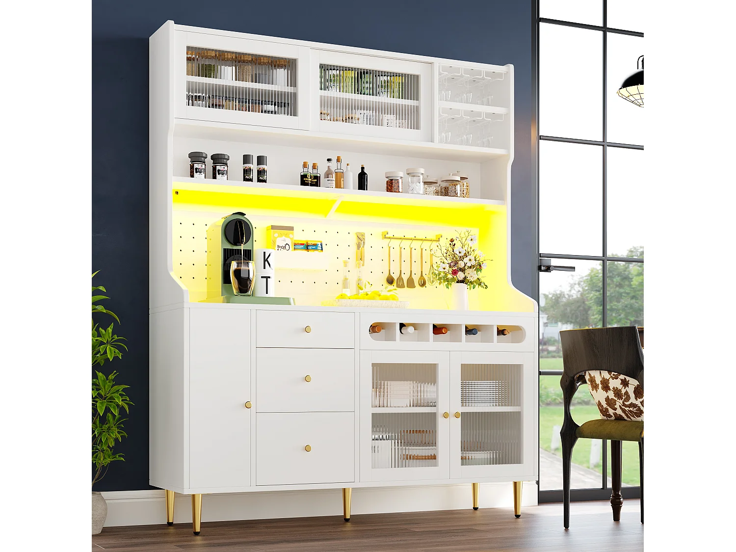 Hohes Küchen-Sideboard – 145 x 39 x 171 cm – mit LED-Beleuchtung, Weinregal, Glastüren und 3 Schubladen – Glas + MDF – weiß