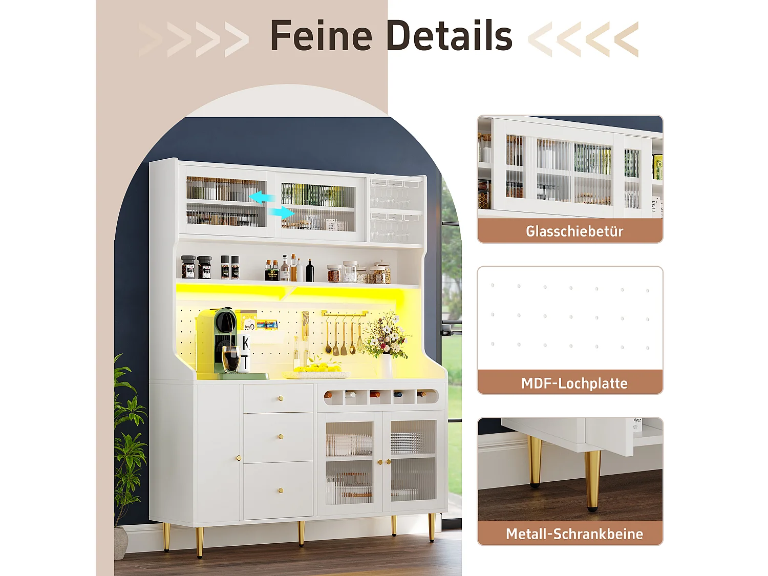 Hohes Küchen-Sideboard – 145 x 39 x 171 cm – mit LED-Beleuchtung, Weinregal, Glastüren und 3 Schubladen – Glas + MDF – weiß