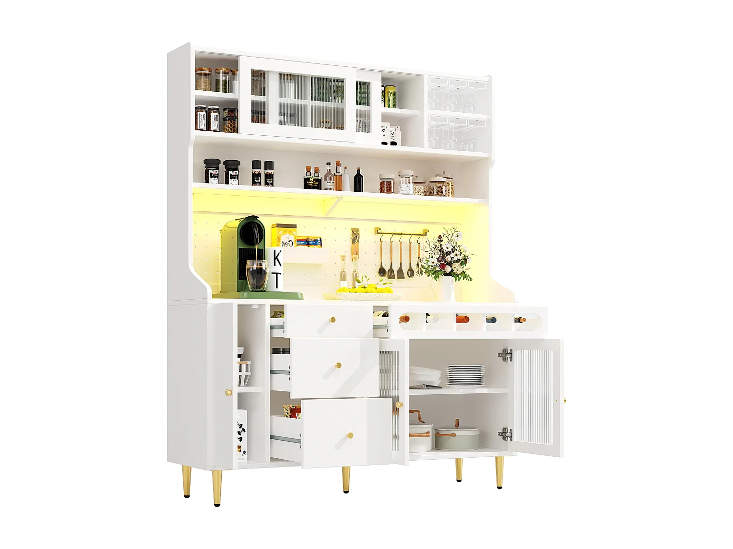 Hohes Küchen-Sideboard – 145 x 39 x 171 cm – mit LED-Beleuchtung, Weinregal, Glastüren und 3 Schubladen – Glas + MDF – weiß