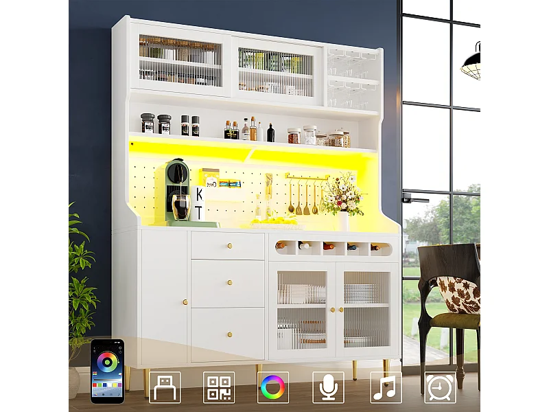 Hohes Küchen-Sideboard – 145 x 39 x 171 cm – mit LED-Beleuchtung, Weinregal, Glastüren und 3 Schubladen – Glas + MDF – weiß