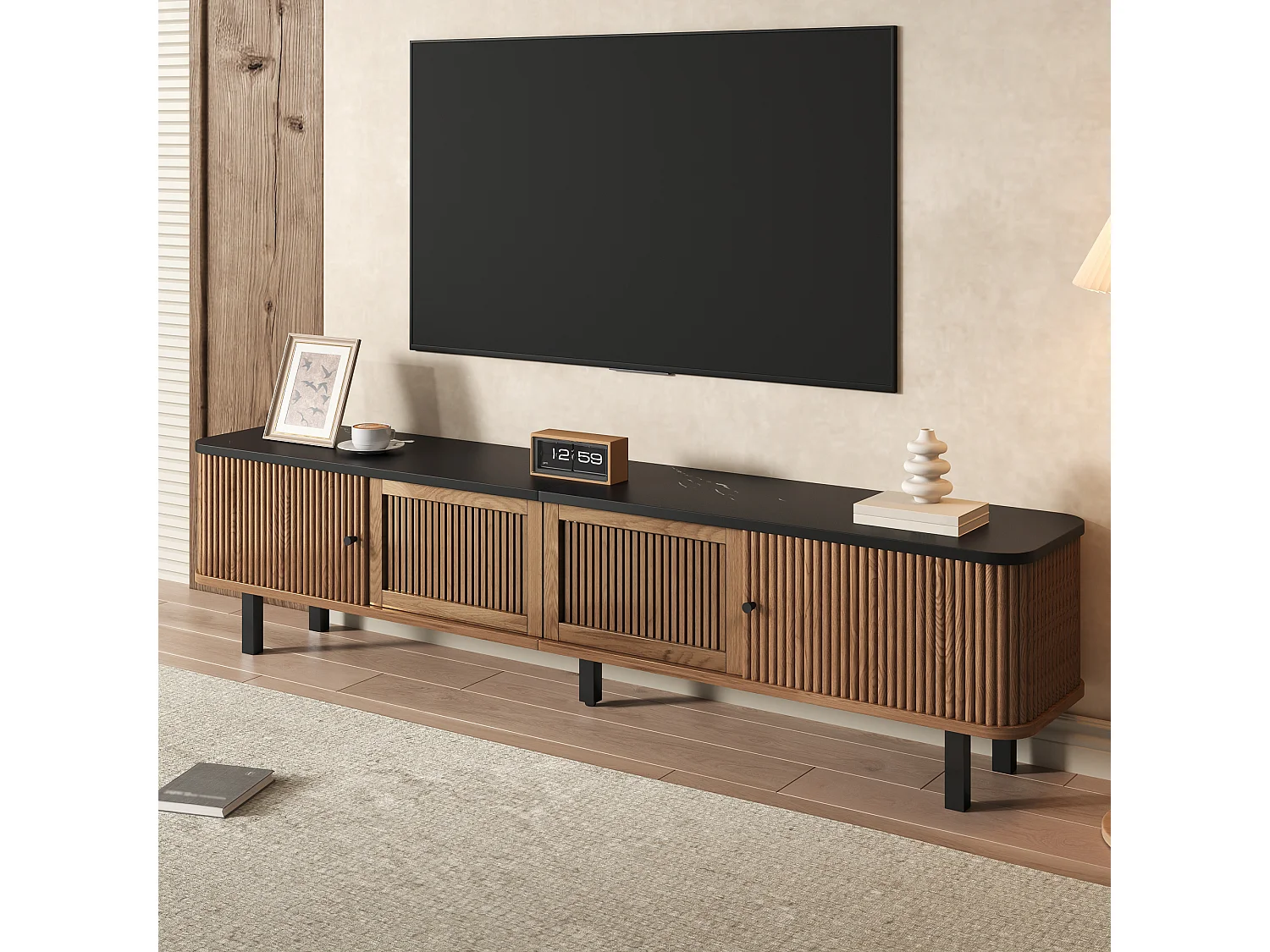 Moderner TV-Ständer – 190 x 35 x 45 cm – mit 2 Schiebetüren + 2 Gittertüren – MDF + Spanplatte – natur