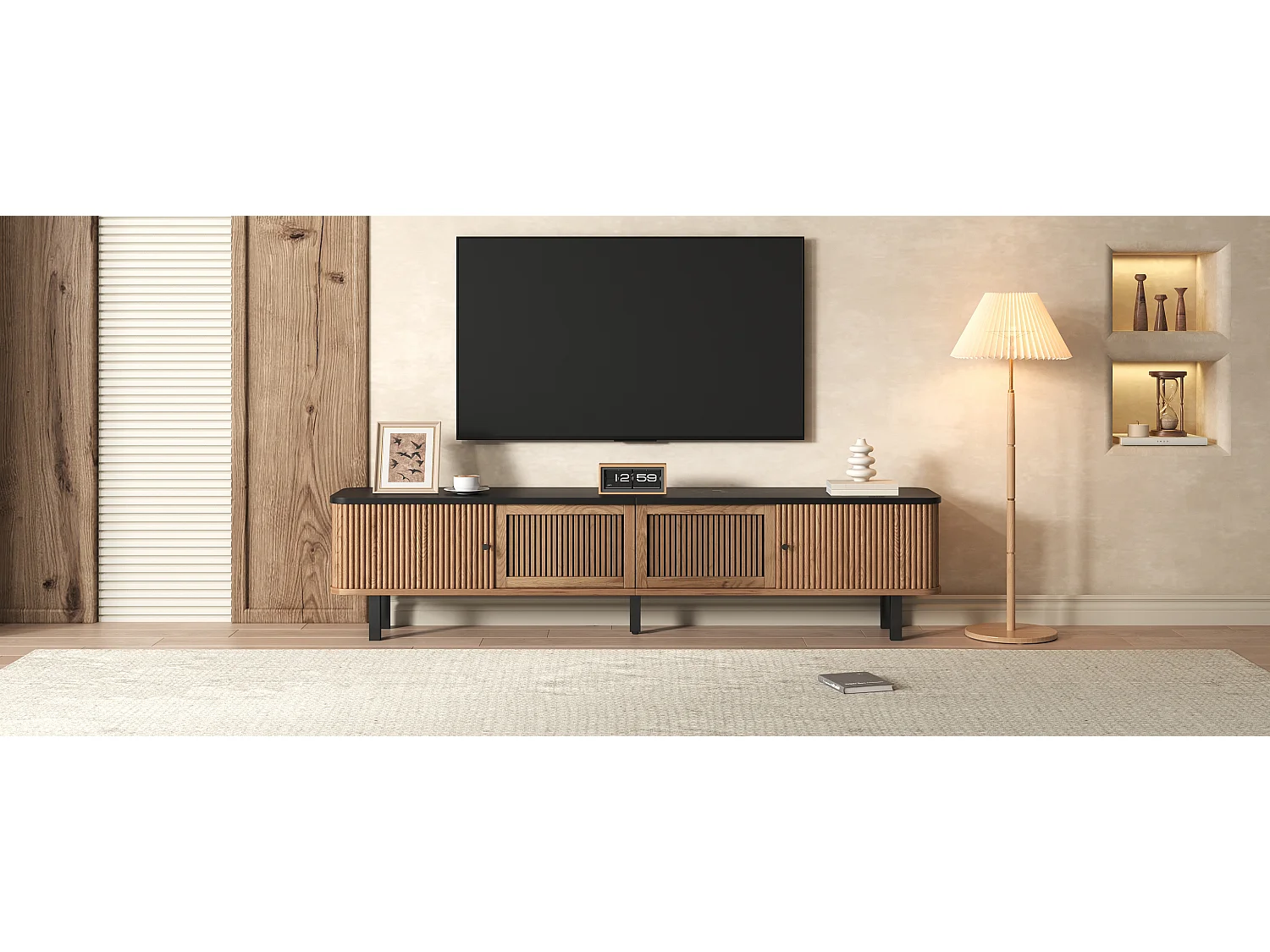 Moderner TV-Ständer – 190 x 35 x 45 cm – mit 2 Schiebetüren + 2 Gittertüren – MDF + Spanplatte – natur