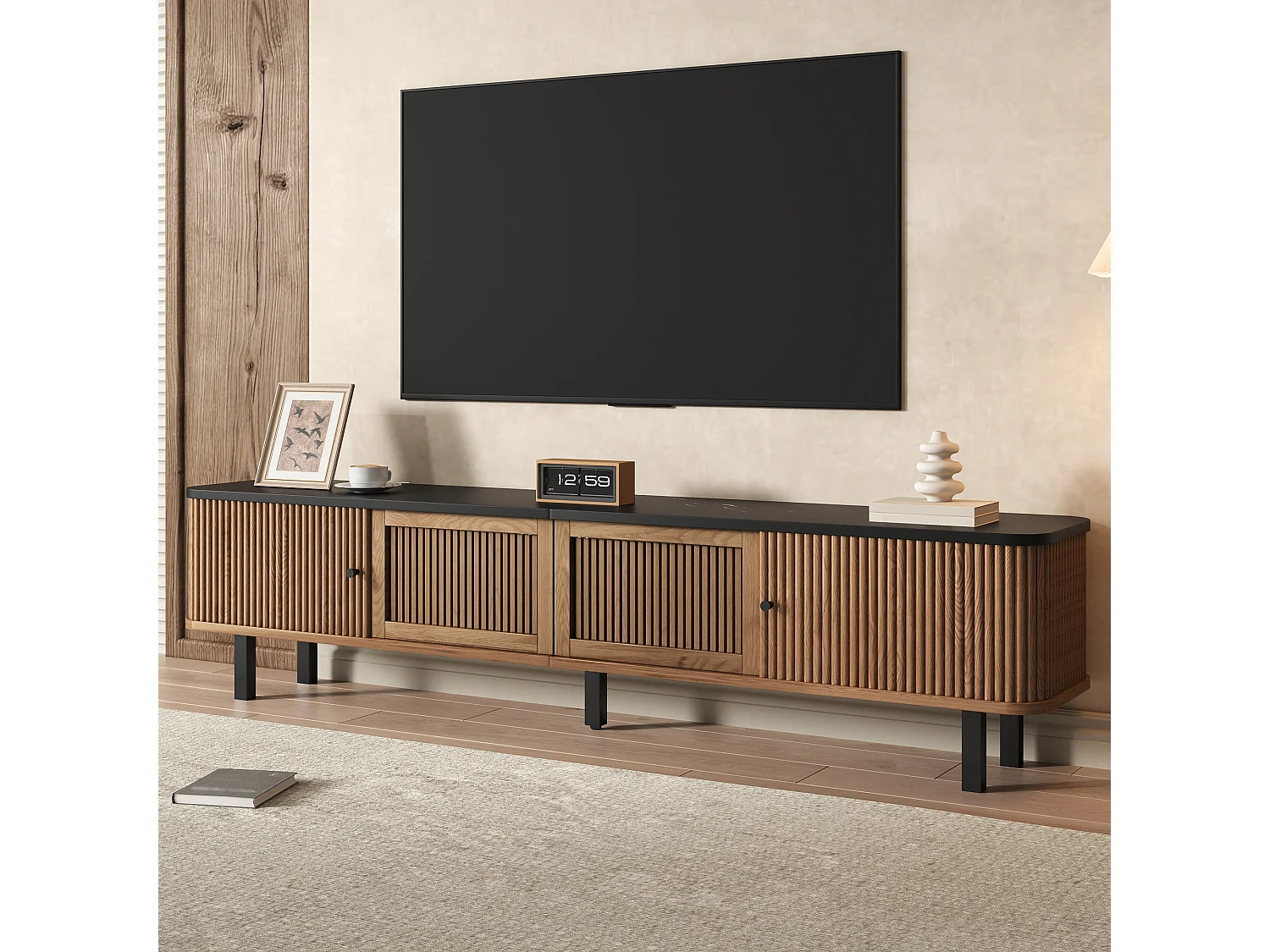 Meuble TV moderne - 190 x 35 x 45 cm - avec 2 portes coulissantes + 2 portes grillagées - MDF + aggloméré - naturel