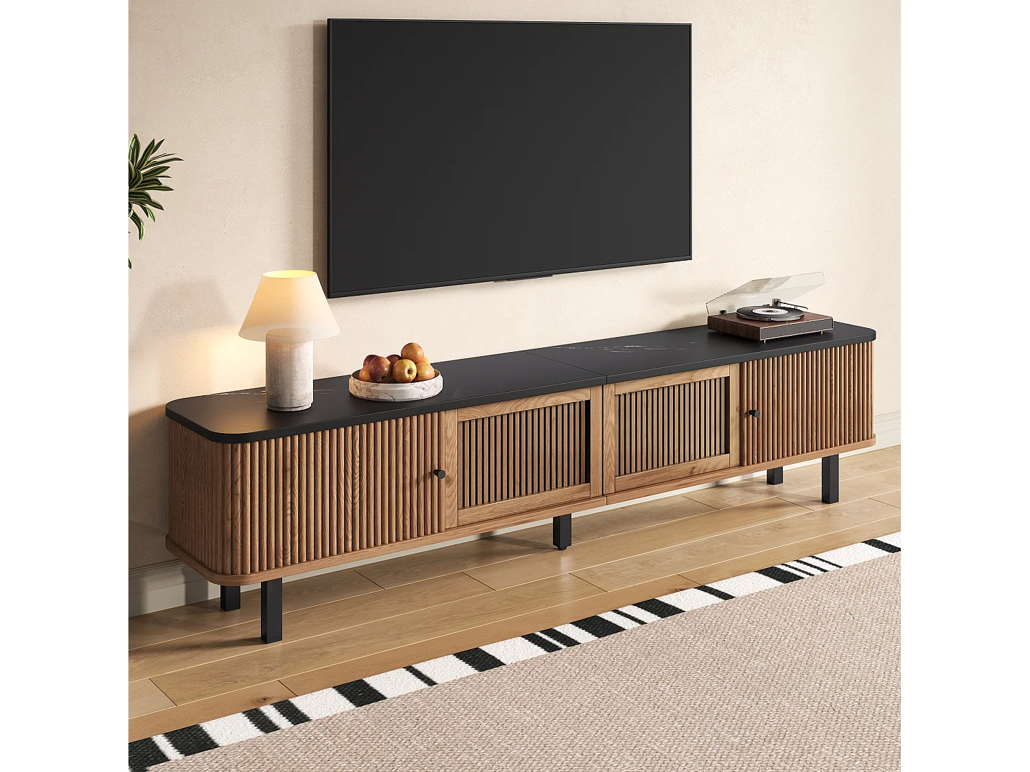 Meuble TV moderne - 190 x 35 x 45 cm - avec 2 portes coulissantes + 2 portes grillagées - MDF + aggloméré - naturel