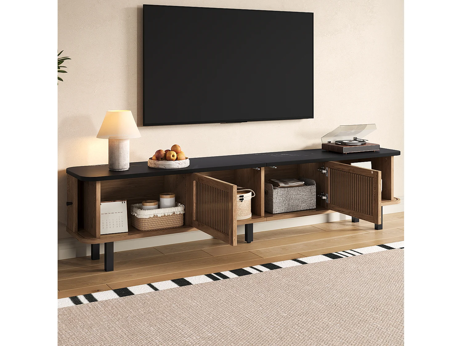 Meuble TV moderne - 190 x 35 x 45 cm - avec 2 portes coulissantes + 2 portes grillagées - MDF + aggloméré - naturel