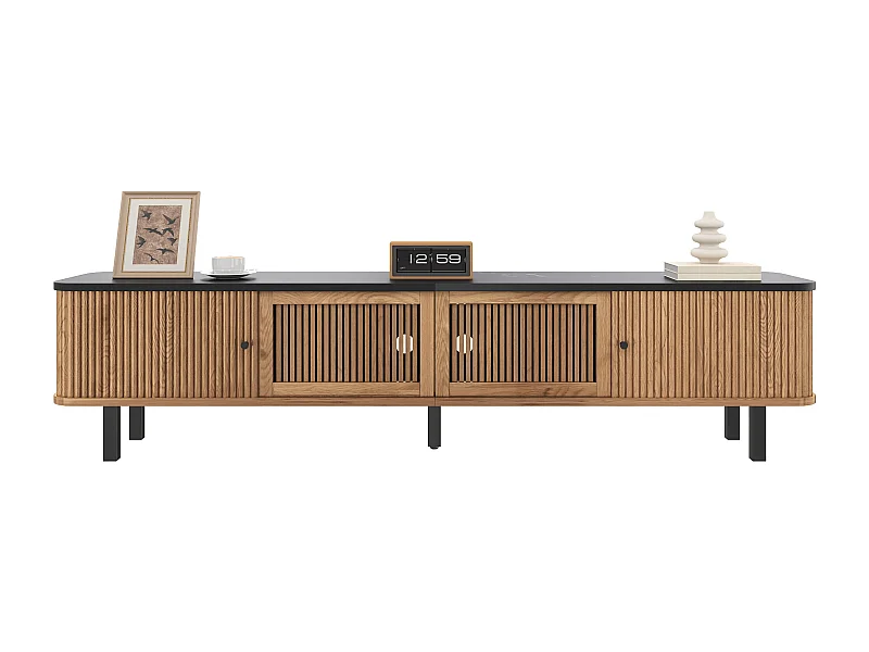 Moderner TV-Ständer – 190 x 35 x 45 cm – mit 2 Schiebetüren + 2 Gittertüren – MDF + Spanplatte – natur