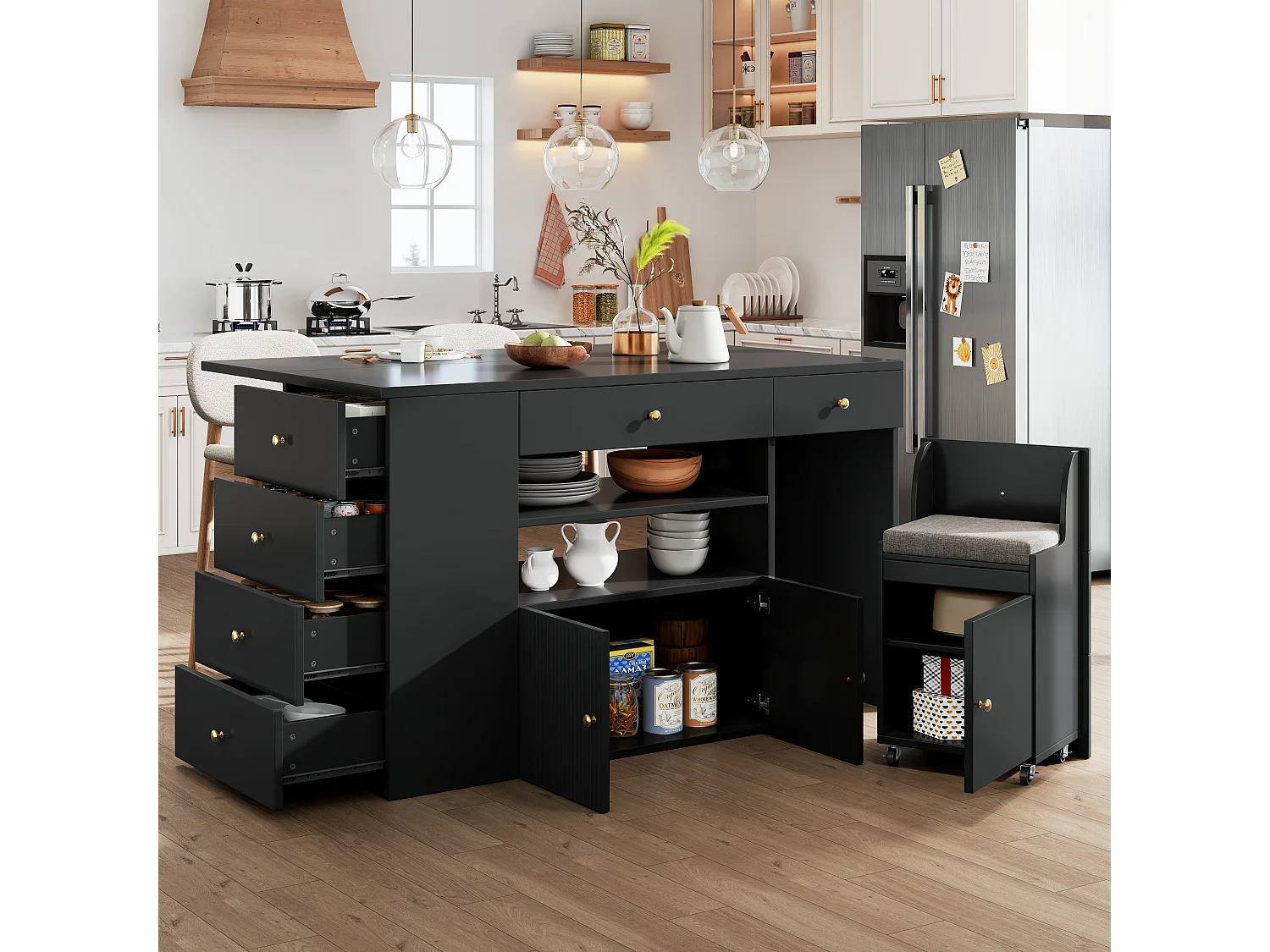 Îlot de cuisine avec table pliante - 140 x 40/70 x 89 cm - avec tabourets + 6 tiroirs + porte - MDF + métal - noir