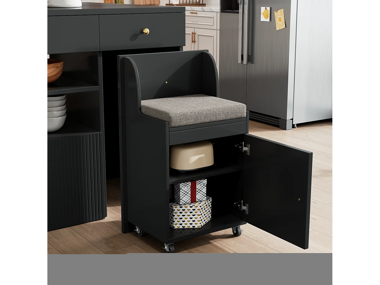 Îlot de cuisine avec table pliante - 140 x 40/70 x 89 cm - avec tabourets + 6 tiroirs + porte - MDF + métal - noir