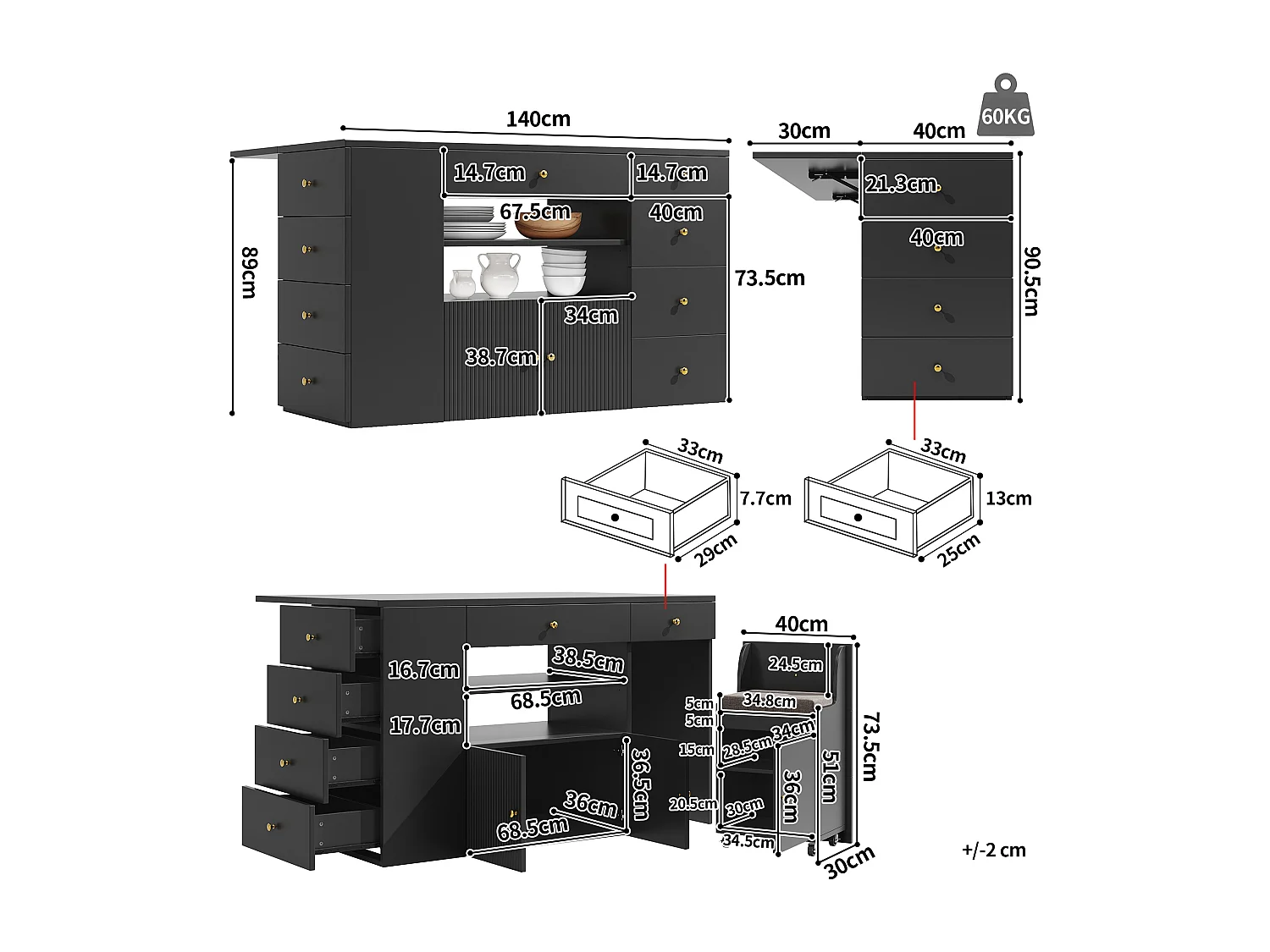 Îlot de cuisine avec table pliante - 140 x 40/70 x 89 cm - avec tabourets + 6 tiroirs + porte - MDF + métal - noir
