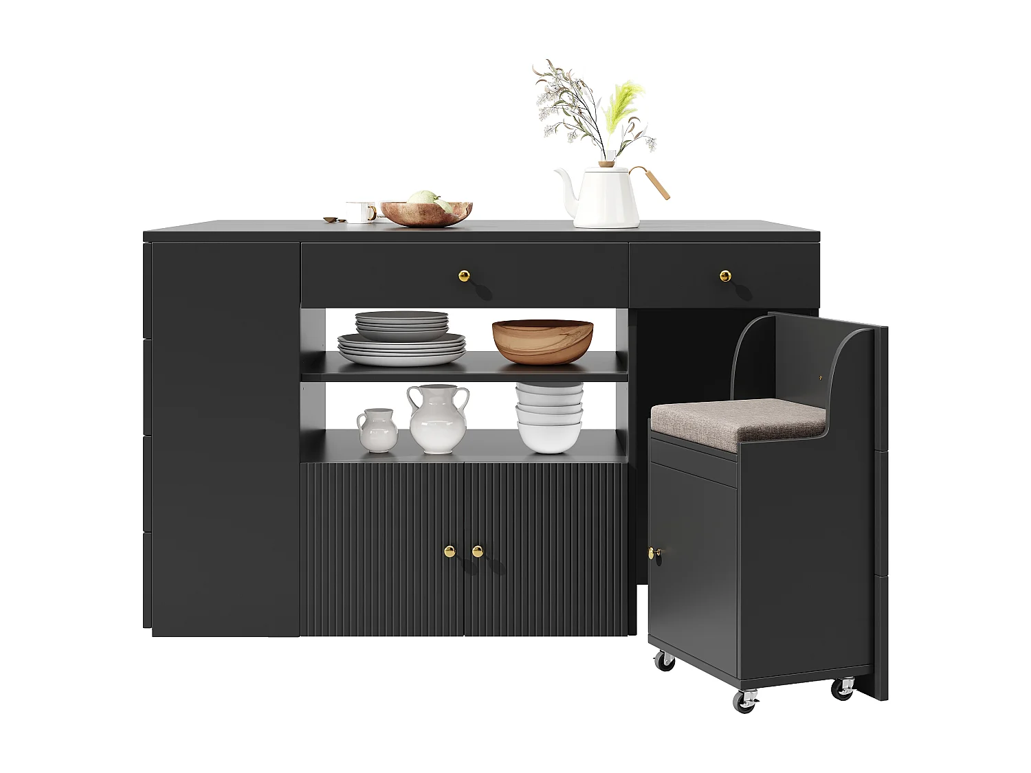 Îlot de cuisine avec table pliante - 140 x 40/70 x 89 cm - avec tabourets + 6 tiroirs + porte - MDF + métal - noir