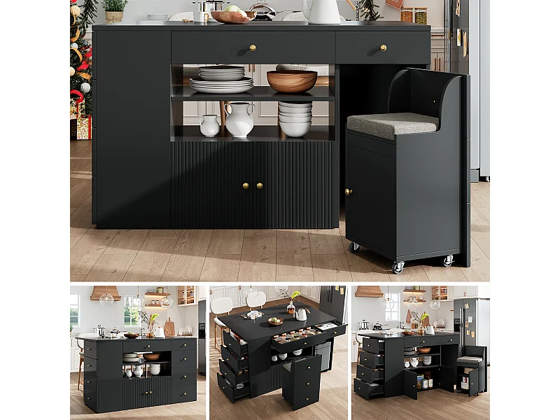 Îlot de cuisine avec table pliante - 140 x 40/70 x 89 cm - avec tabourets + 6 tiroirs + porte - MDF + métal - noir