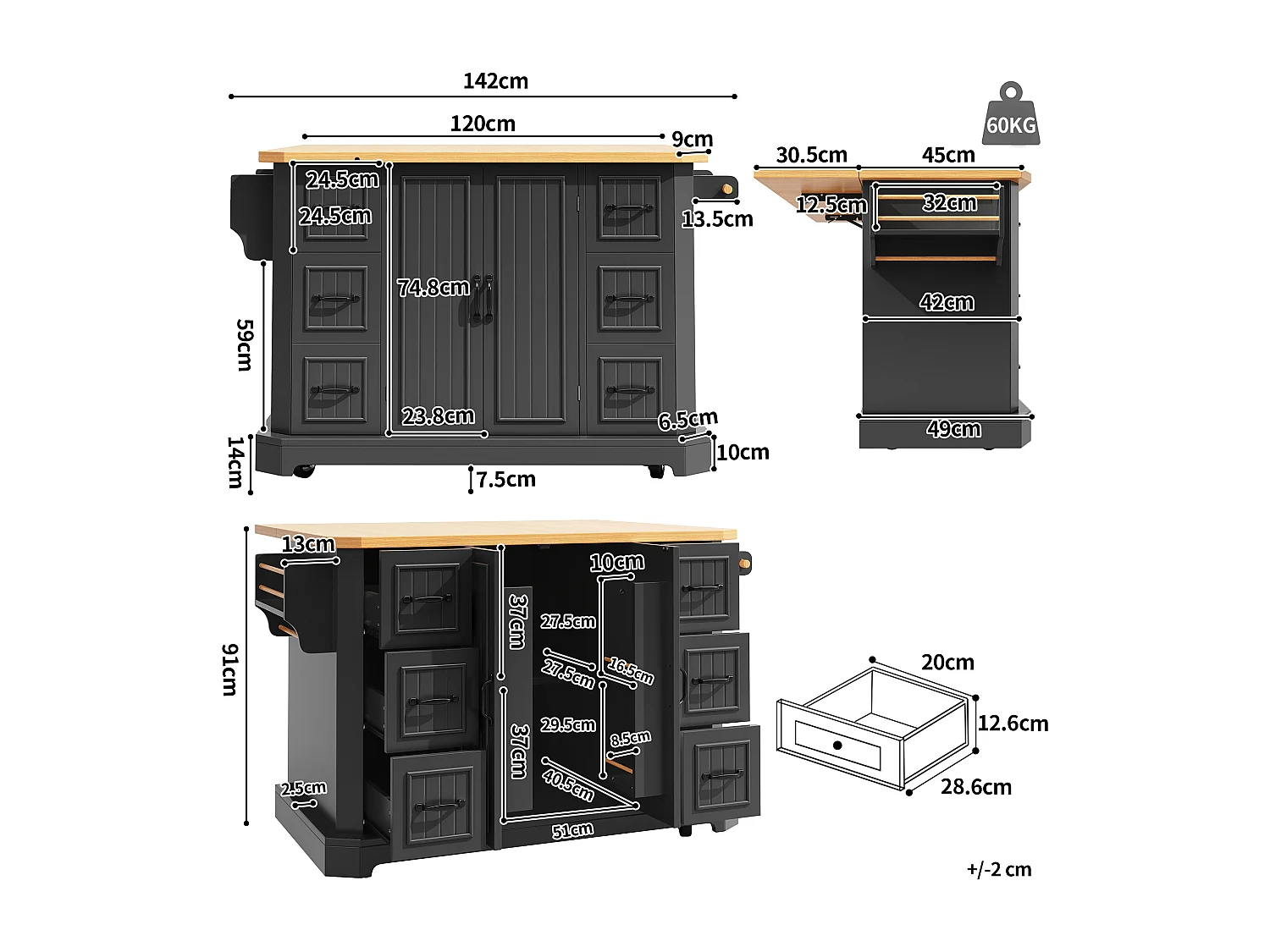 Îlot central mobile avec table pliante - 120 x 45/75 cm x 91 cm - avec 2 portes + 6 tiroirs - MDF - noir